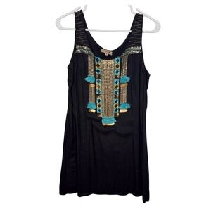 Wayan Tank Top dress Women Medium Black Excellent Boho Tassel Beaded‎ Sequin Bib
